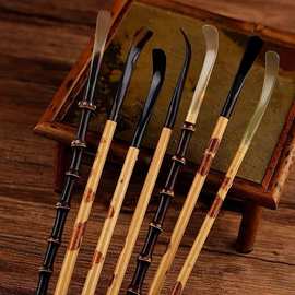 红湘妃竹镶花牛角茶盘拨茶具茶勺茶匙竹茶扒配件六君子