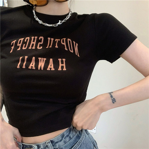 Black Letter Print Women's Ins Trend 2025 Summer Hot Girl Short-Sleeve T-Shirt Slim Fit Crop Top Underwear