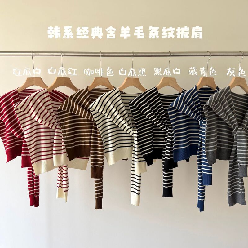 Korean-Style Wool-Blend Striped Outerwear Shawl for Women, Autumn and Winter Shirt Paired with Knotted Knit Shawl Neck Warmer Cross-Border Korean-Style Wool-Blend Striped Outerwear Shawl for Women, Autumn and Winter Shirt Paired with Knotted Knit Shawl Neck Warmer Cross-Border