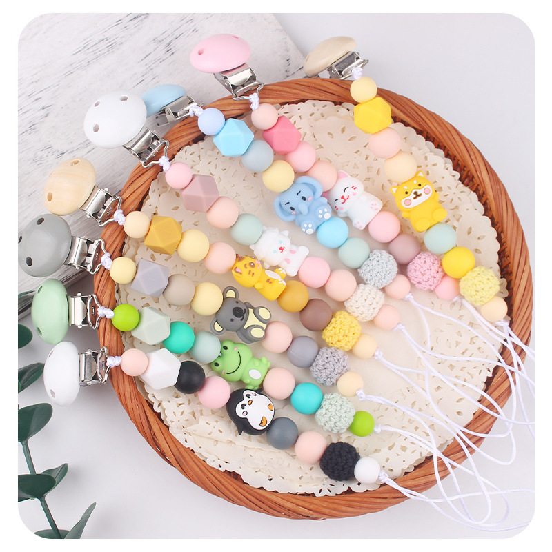 Productos para bebés y niños clip de tetina de madera 3D dibujos animados animales perlas de silicona DIY calmar bebés tetina cadena anti-caída cadena