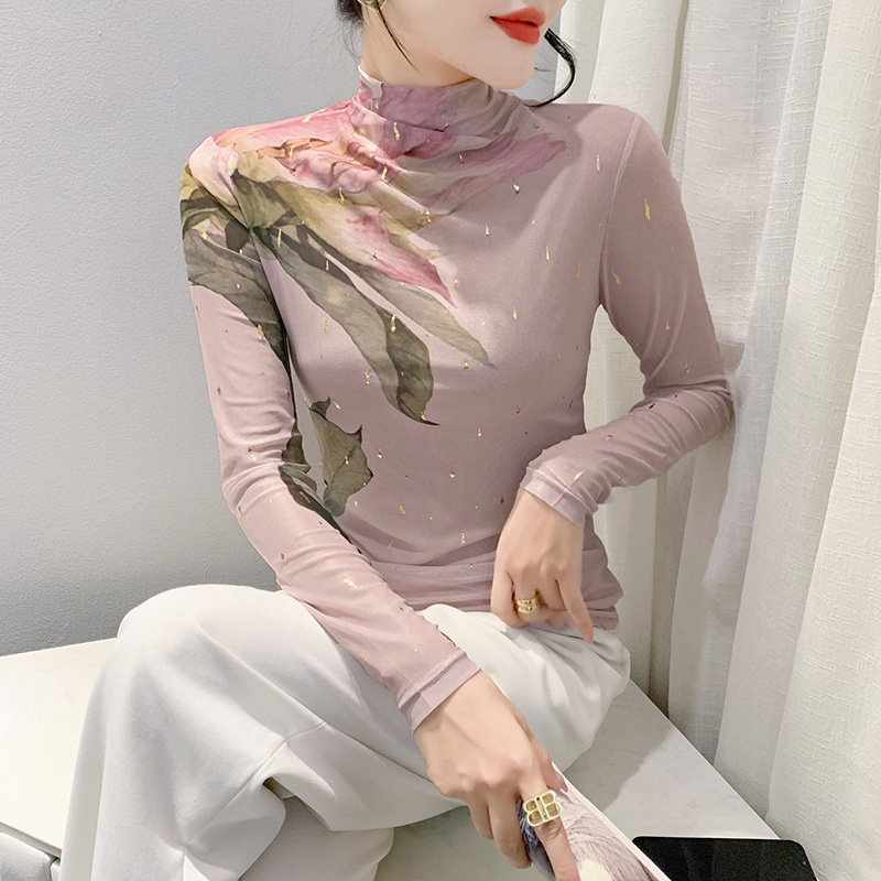 欧品女装2023秋ファッション洋気長袖高襟ネット糸tシャツ女性箔押し定位花底シャツ上着