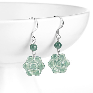 High-grade natural A goods jade blue water rose earrings S925 silver ice jade fashion women's earrings earrings