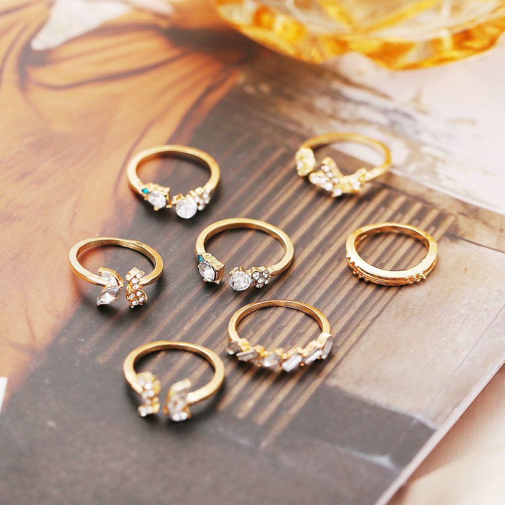 New Open Joint Ring Diamond Butterfly Flower 7-piece Set Retro Crystal Ring_voghion.com
