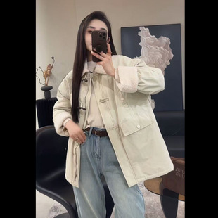 New Winter Cotton-padded jacket Stitching Top Small Korean Style Retro Artistic Design Thickened Jacket Women Beige