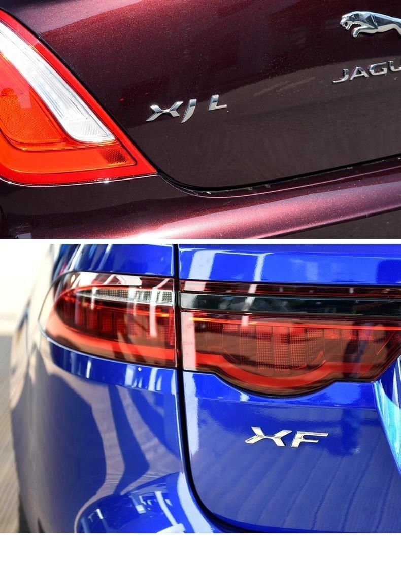 Jaguar car emblem lettering: XE, XF, XJL, F-PACE, V6 3.0, V8 5.0, rear emblem, engine displacement