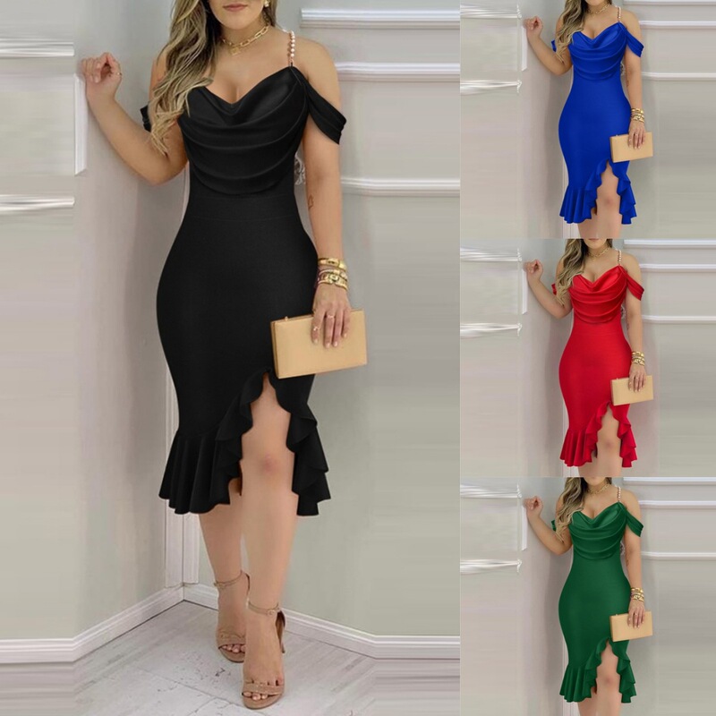 2024 independent station wish Amazon explosions Europe and the United States new pearl chain decoration fake two-piece swing collar dress