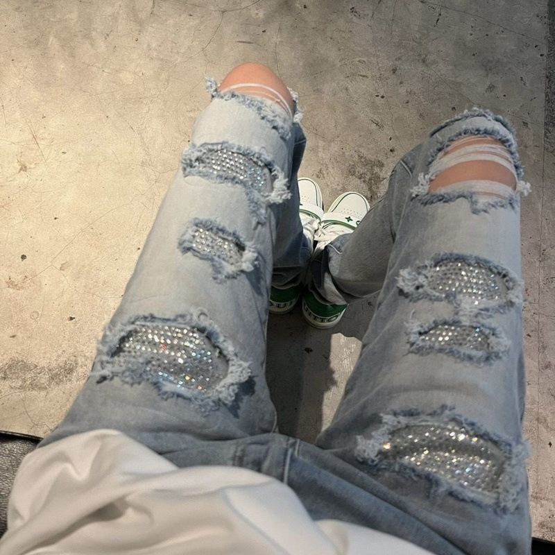 Independent AMIRI Blue Hot Drill Ripped Jeans Trousers High Street Foundation Ripped Skinny Stretch Jeans