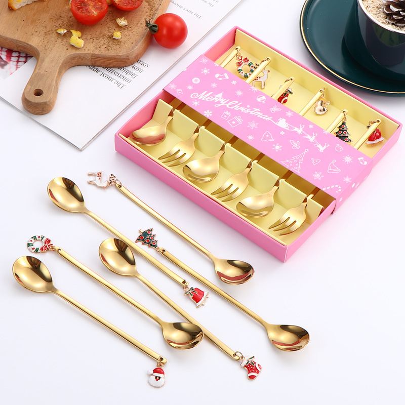 Productos transfronterizos cubiertos de acero inoxidable regalos de Navidad cucharas y tenedores juegos de postre cucharas de café mezclar Navidad colchones