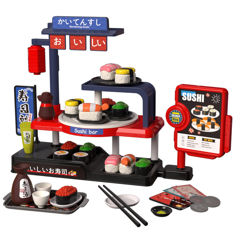Simulación transfronteriza de alimentos para niños Sushi set de salmón tarjeta deslizante caja registradora churrasco barbacoa mesa de supermercado jugadores en casa