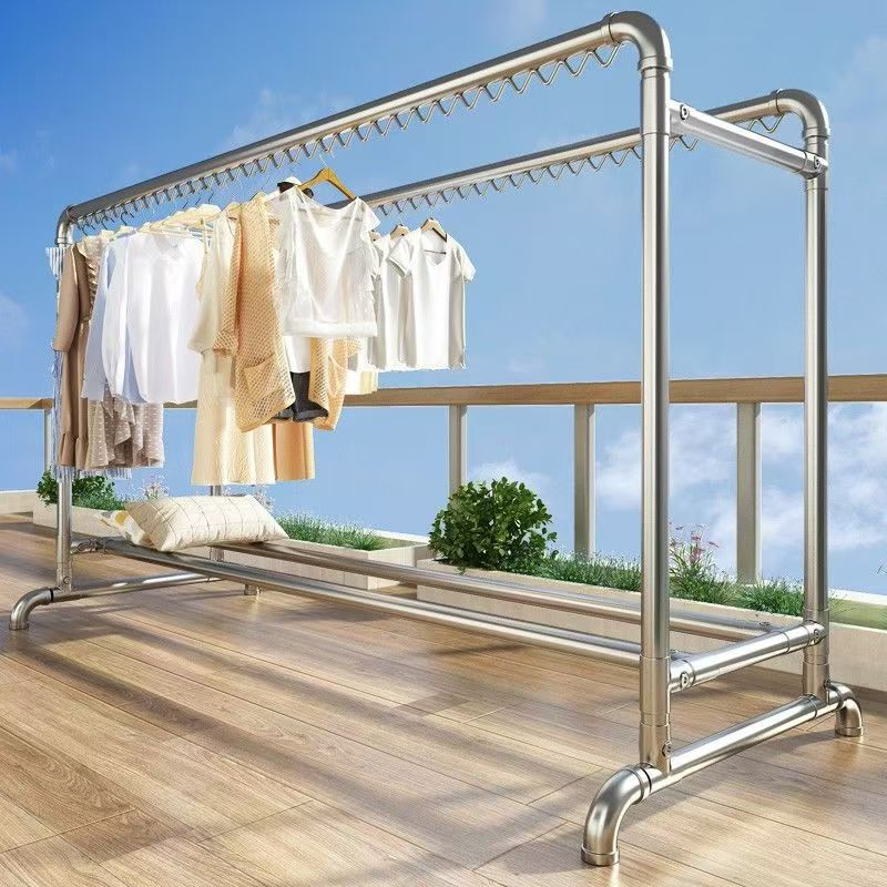 Steel pipe clothes drying rack, freestanding, for home use, balcony, outdoor, double-rod design, suitable for bedrooms, easy to hang clothes, and for drying bedding Steel pipe clothes drying rack, freestanding, for home use, balcony, outdoor, double-rod design, suitable for bedrooms, easy to hang clothes, and for drying bedding