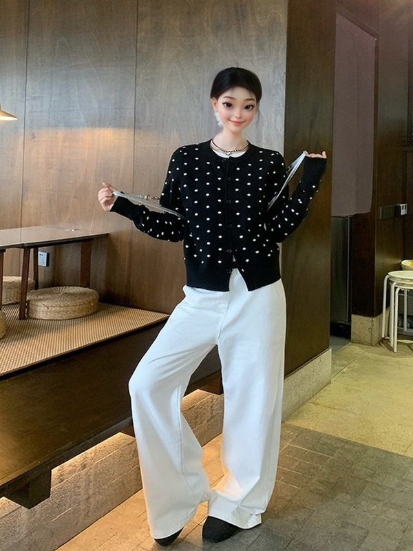 黑色波点假两件针织开衫外套女秋季韩系宽松设计感长袖上衣|undefined