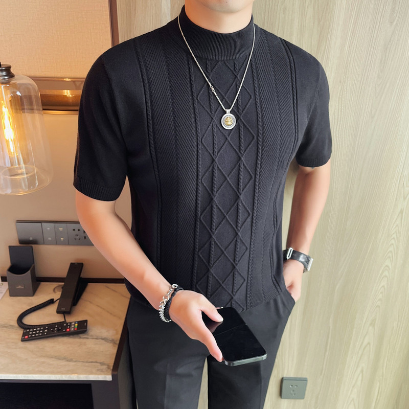 2025 New Autumn and Winter Men's Woven Jacquard Short-Sleeved Knitwear Half Turtleneck Versatile Casual Knitwear One Piece Drop Shipping