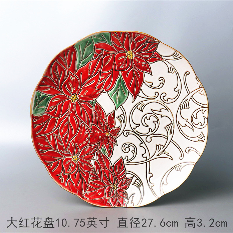 ヨーロッパ式円形大皿陶磁器手描き釉薬下果物クリエイティブケーキ皿家庭用料理皿円形ステーキ皿皿皿|undefined