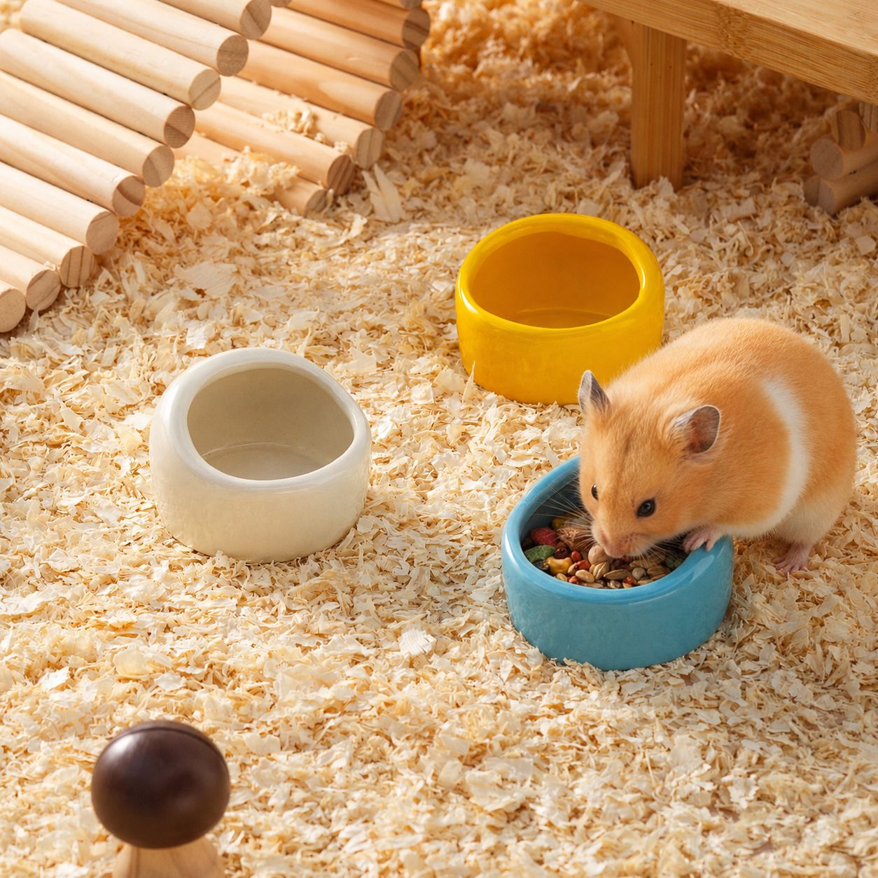 Estilo simple, pequeña mascota, vida, lavabo, lavabo de cerámica, tazón de arroz para hámster, caja de comida a prueba de salpicaduras, suministros de comida de oso dorado