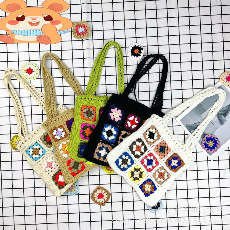 Cross-border handmade crocheted bag shoulder bag women's bag mixed color flower block ethnic style grandma Plaid bohemian wholesale