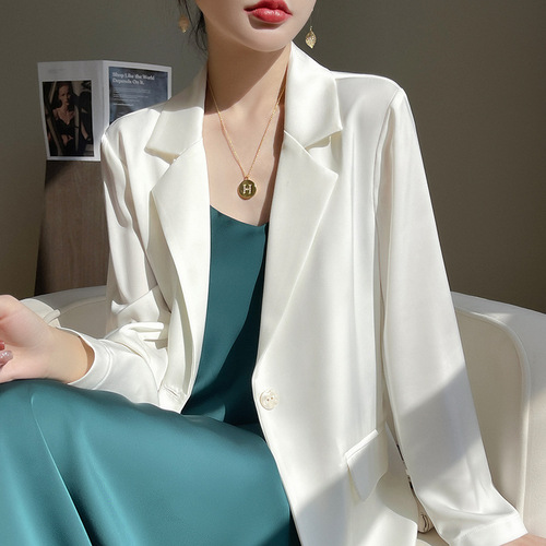 French-style white silk suit jacket for women, summer loose and thin one-button casual blazer top
