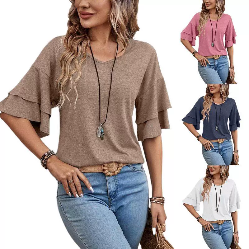 短袖女宽松纯色式亚马逊袖T恤跨境欧美夏季V领双层2024新款棉