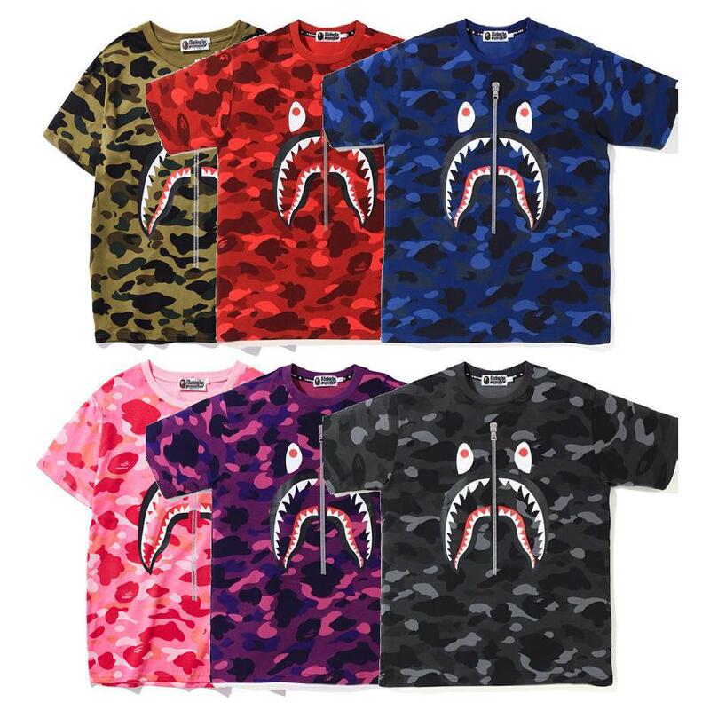 Foreign trade cross-border wholesale bape fashion brand 3D digital printing fake zipper camouflage shark men's and women's short sleeve T-shirt