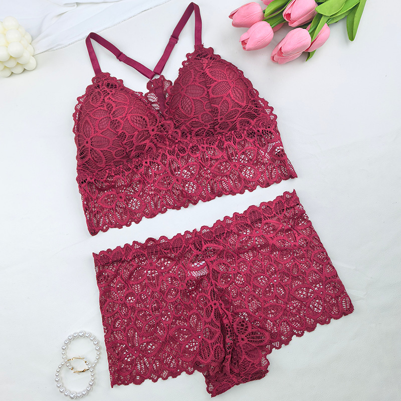 2025 nueva agencia transfronteriza de flores de mujer encaje ajustable correa de hombro bra de empuje y conjunto de pantalones