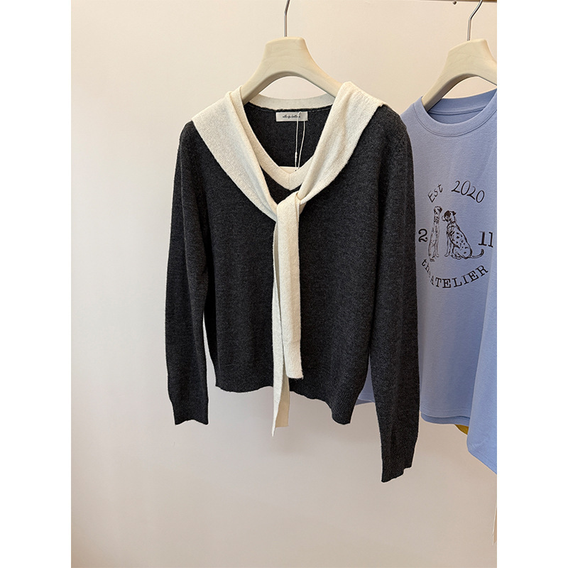Fu 【Clearance No Returns】 Navy Blue Shawl Long Sleeve Sweater Knitwear Soft and Skin-Friendly Top 1113