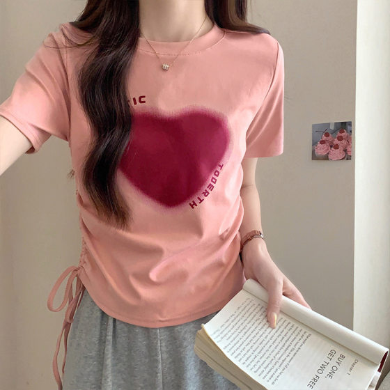 2024 New Love printed short-sleeved T-shirt women's summer design drawstring cotton short hot girl Western style top