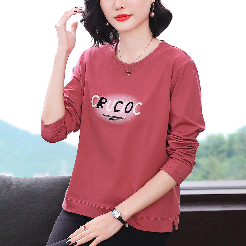 2025秋季新款长袖T恤女宽松大码妈妈纯棉印花上衣女显瘦短款小衫|undefined