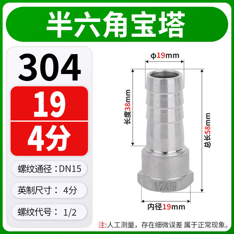 304不锈钢内丝宝塔接头六角皮接内螺纹竹节皮插软管格林头4/6分|undefined