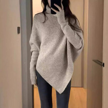 欧货秋冬不规则高领100纯羊毛衫女宽松慵懒风针织打底中长款毛衣