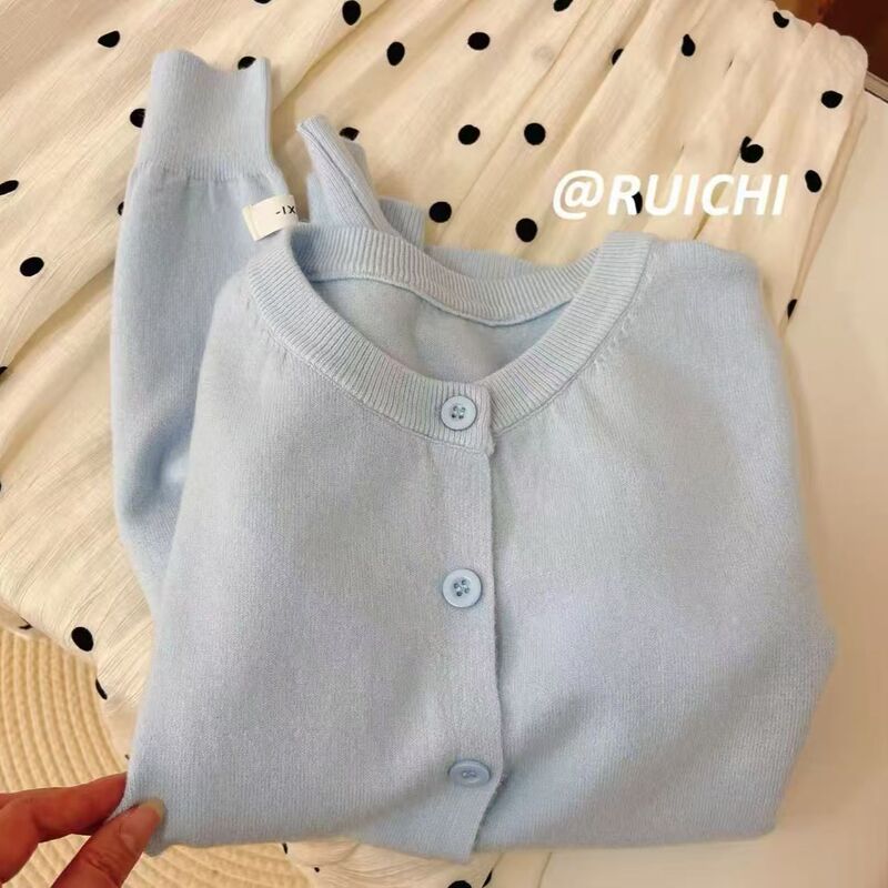 Blue Youthful Style Age-Reducing Round Neck Single-Breasted Cardigan Sweater for Women 2026 Autumn New Loose Versatile Top Jacket