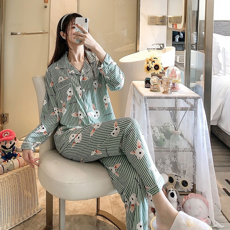 봄과 가을 얇은 긴팔 잠옷 여성의 인터넷 스타일 귀여운 토끼 카디건 홈 옷 느슨한 투피스 세트 여성