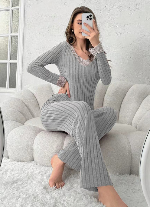 Pijama de Encaje con Cuello en V para Mujer Set de 2 piezas de poliéster, transpirable, cálido, para el hogar y exteriores