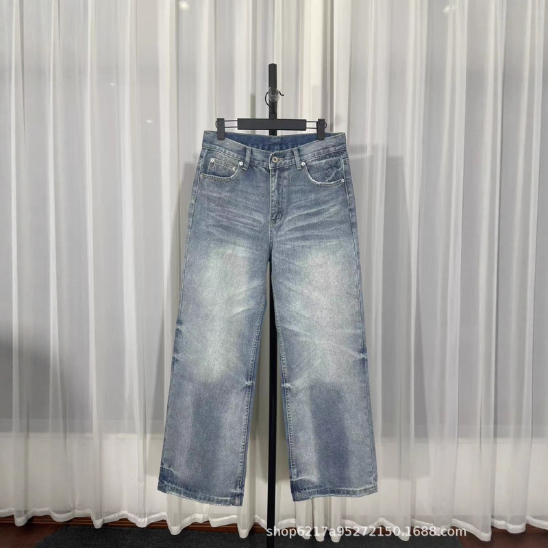Cross-Border Supply Washed Distressed Cream Ice Blue Retro Battle Cow King A-Line Loose Casual Straight Jeans