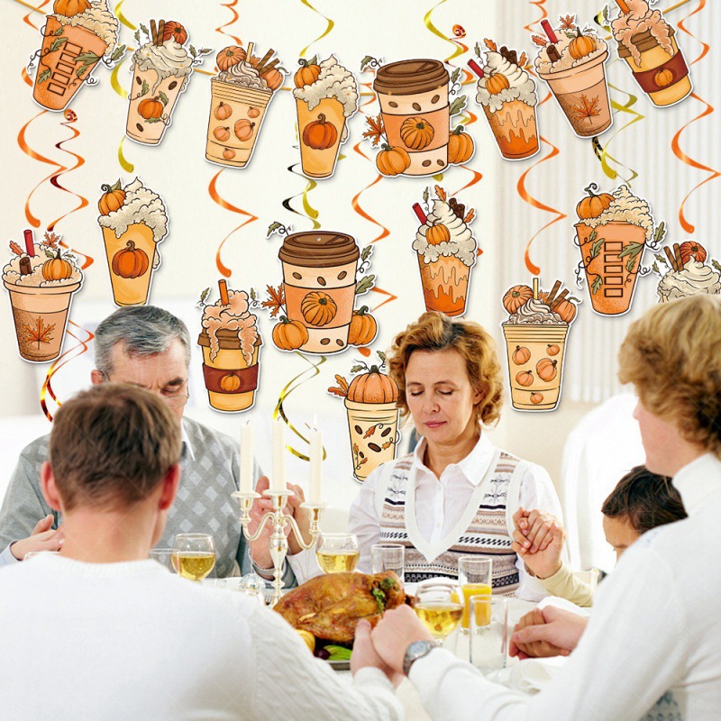 Fabricantes al por mayor otoño decoración de fiesta de Acción de Gracias, bandera de tracción, etiqueta en espiral, decoración de fiesta de cumpleaños, juego de bandera de tracción
