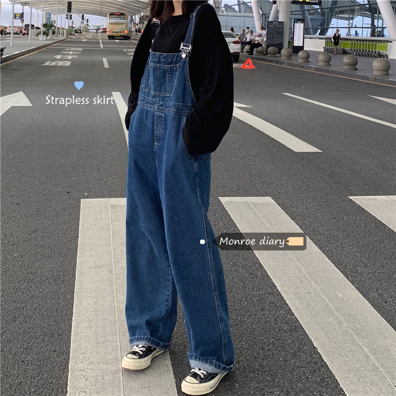 Wide-leg Denim Overalls Women's Design Sense Korean-style Loose Retro Age-reducing Cute Japanese Style Short-fit Pants