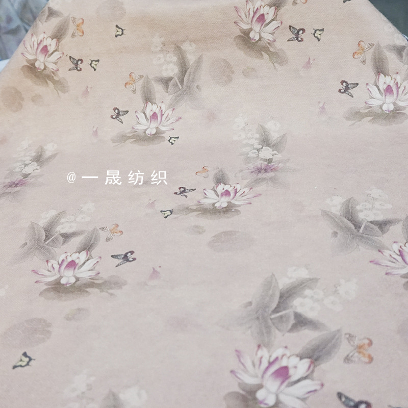 荷花蝴蝶古风新中式旗袍连衣裙布料冬季加厚针织布曼丽绒打底面料