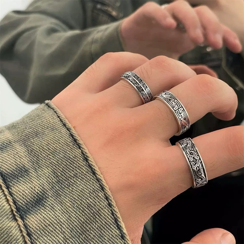 ファッショナブルな6文字のマントラ卍、男性と女性のカップル向けのレトロなタイシルバー回転リング、トレンディな人向け|undefined