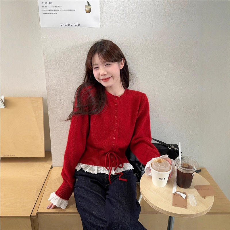 2025 New Autum Korean Design High-End Round Neck Drawstring Waist Slimming Look Ruffled Long-Sleeved Sweater for Women