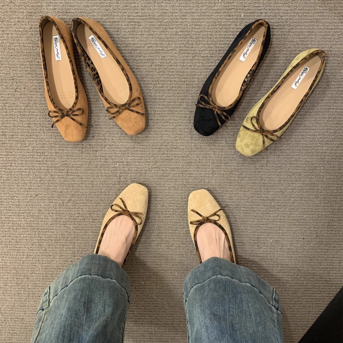 French Flats Ballet Shoes Commuter Flats Women's Shoes 2024 Spring and Autum Retro Suede Bow Evening Shoes