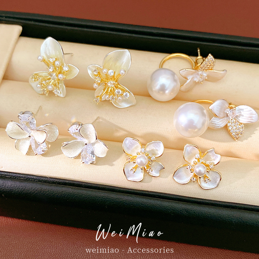 Agujas de plata, mariposas de piedra, flores, perlas geométricas, temperamento, personalidad, pendientes diarios, auriculares de lujo ligero y de alta calidad. image 4