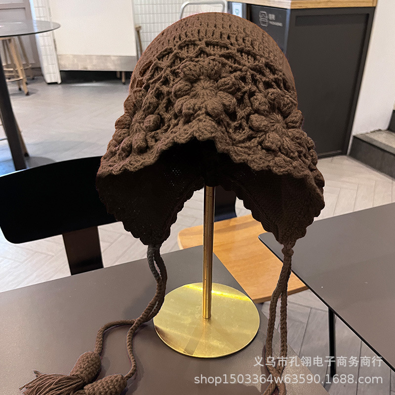 帽子女款2025新款民族风花朵手工针织护耳帽秋冬氛围感流苏套头帽|undefined