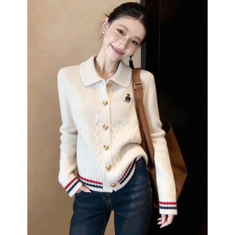 Korean-style POLO collar knitted sweater cardigan for women, autumn 2026 new model, embroidered high-end coat top for women, autumn and winter Korean-style POLO collar knitted sweater cardigan for women, autumn 2026 new model, embroidered high-end coat top for women, autumn and winter