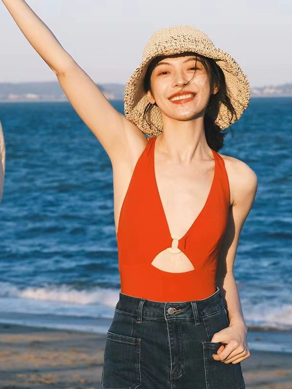 Retro ring, beach bodysuit, swimwear, tight, fitted, backless