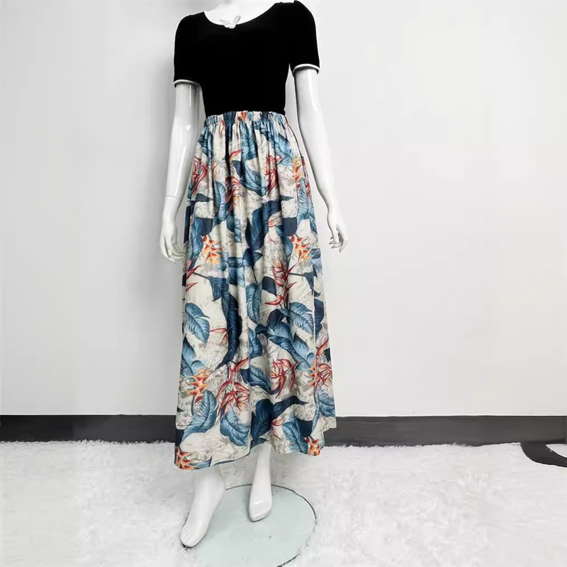 Cross-Border Factory Wholesale Southeast Asian Style Printed Skirt Beach Skirt Hollow Lace Stitching Large Hem Long Skirt for Women