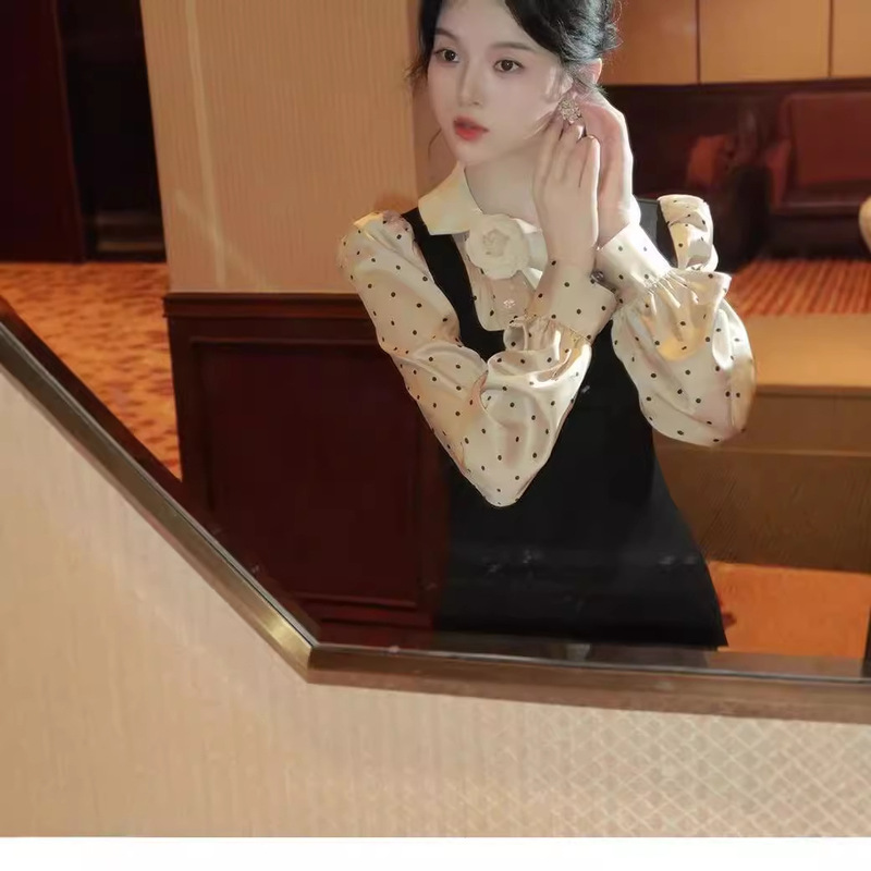 [Light Luxury] plus size Autumn Retro French Waist Reducing Age Satin Wave Dot Fake Two-piece dress British Style Black