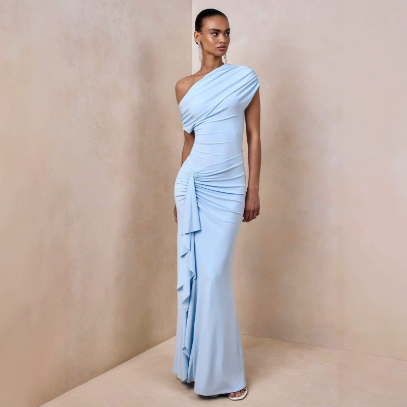 Elegant Women's Light Blue One-Shoulder Ruched Long Cocktail Dress, Featuring Cascading Ruffles, Very Stylish