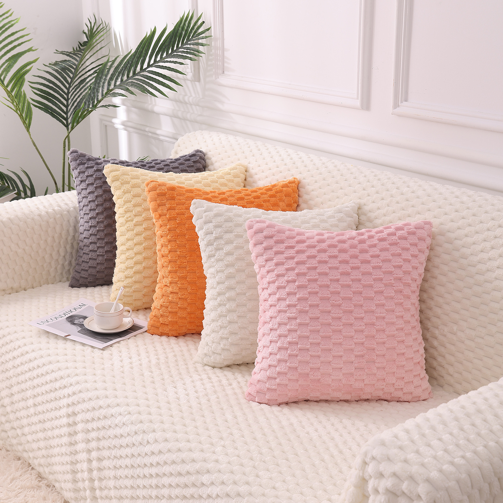 Solid color single-sided pineapple plaid pillow cushion home plush sofa pillow thickened flannel pillowcase removable and washable