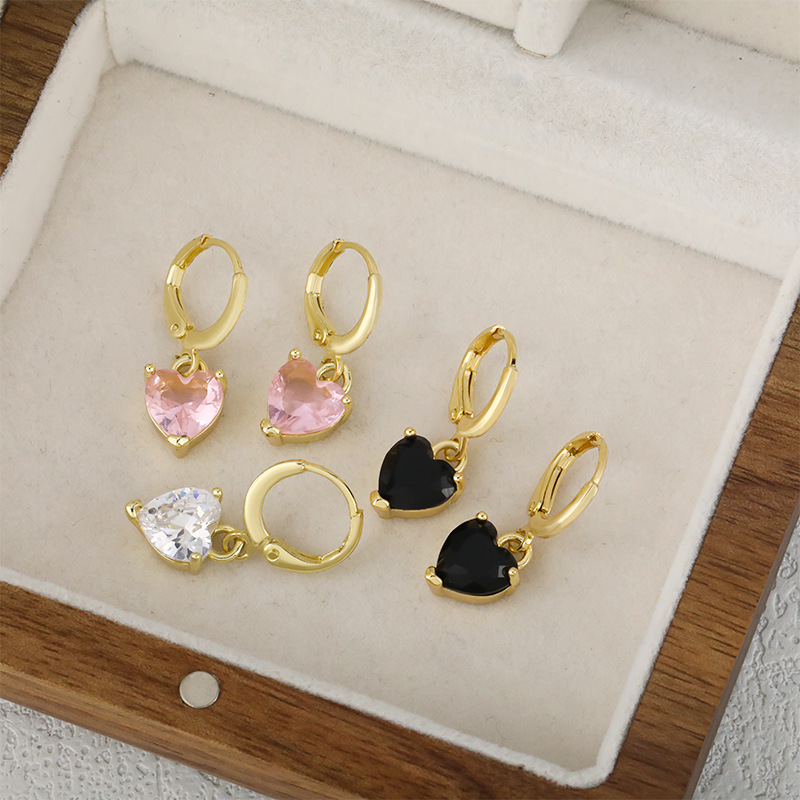 Heart Shape Pattern 1 Pair Shiny Heart Shape Inlay Copper Zircon Drop Earrings