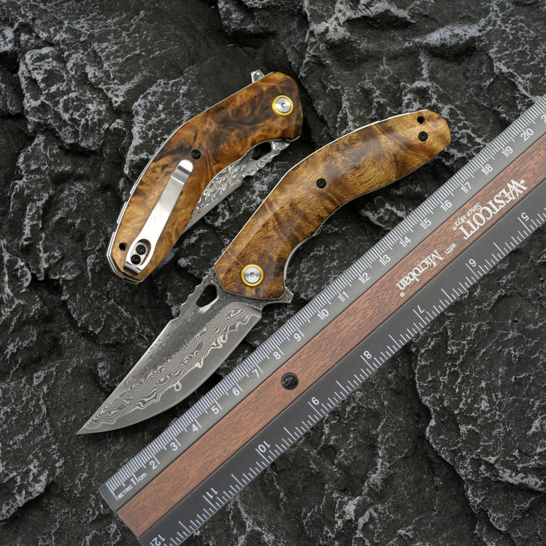 棕熊大马士革钢折刀VG10折叠刀户外露营刀具水果刀防身小刀收藏刀