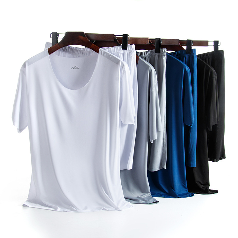 Men's Summer Thin Ice Silk Seamless Pajamas, Suitable for Wearing Outside, Short-Sleeve Shorts Loungewear for Teenagers and Men