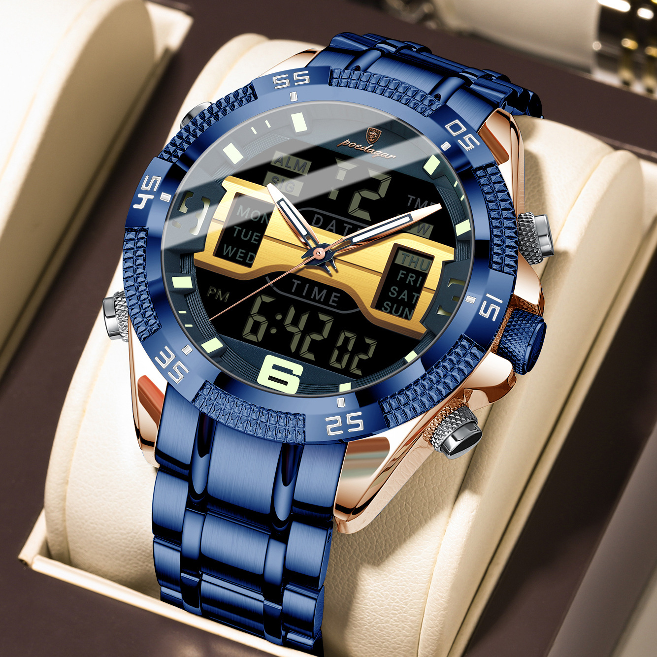 PE103 로즈 골드 블루 표면 스틸 벨트 모델